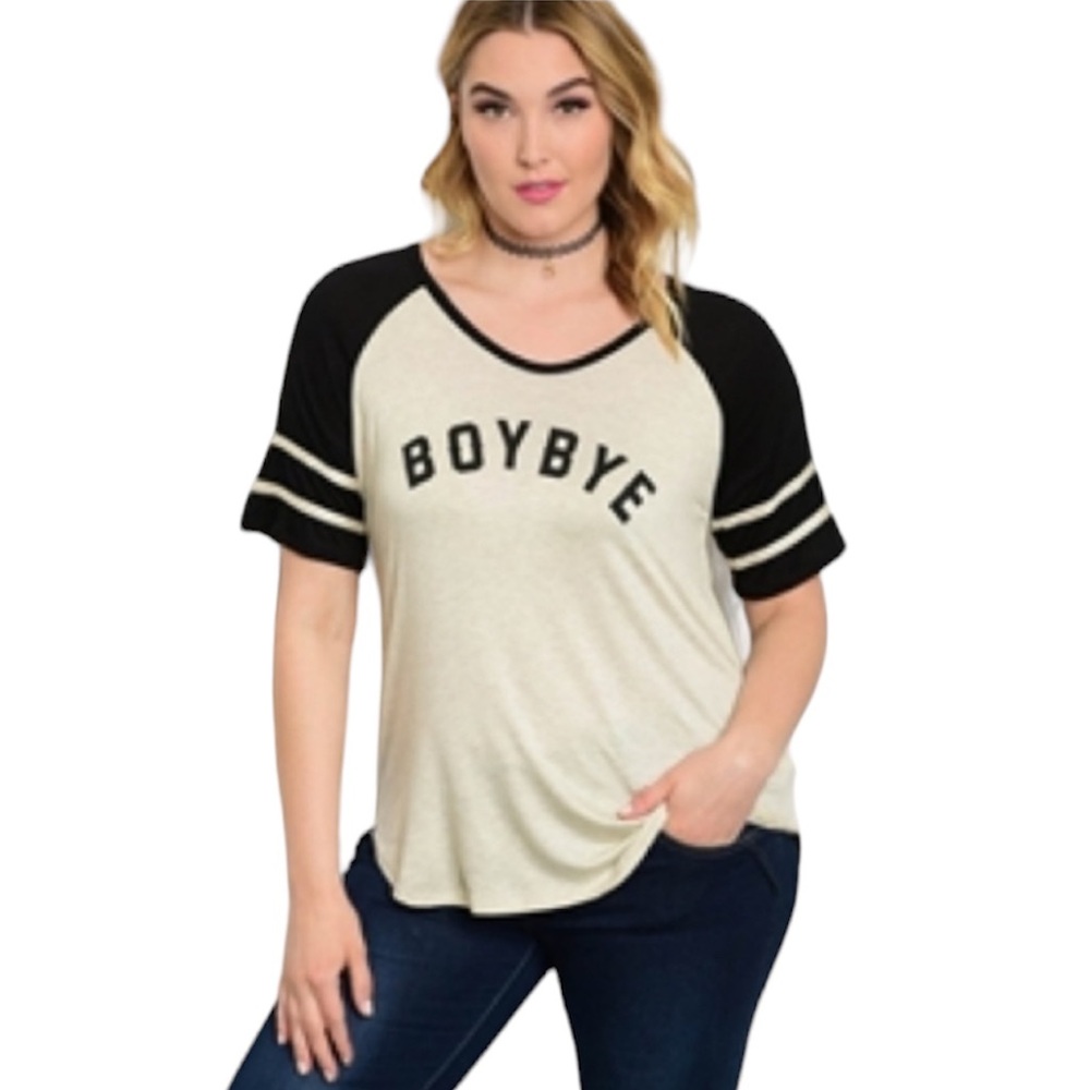 Graphic Sporty Baseball Tee "BOY BYE" 2X-3X Plus  Top